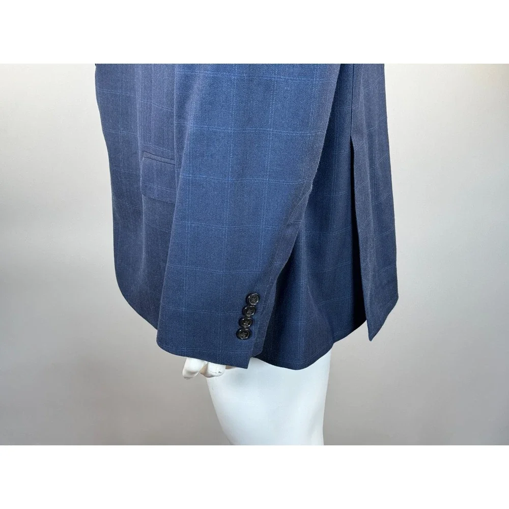 Ralph‎ Lauren Silk Wool Blazer Mens 52L Plaid Lined 2-Button Double-Vented Blue